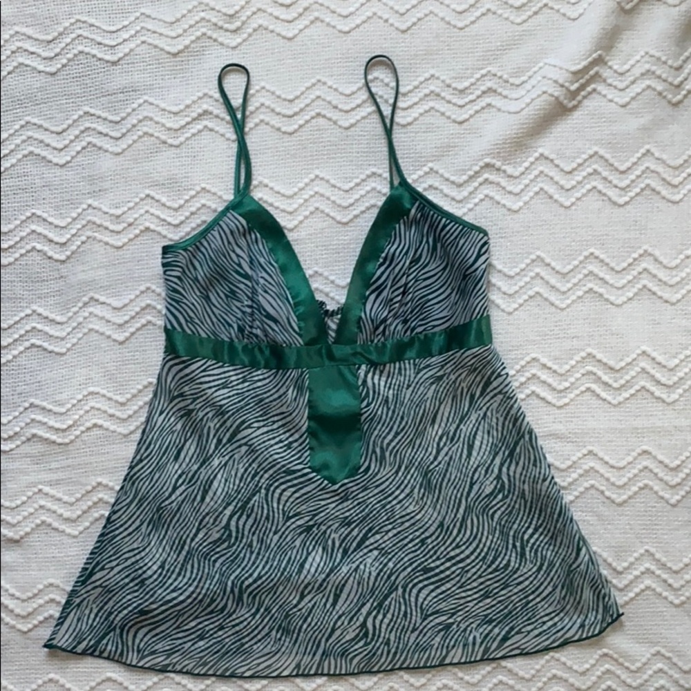 Green and white print spaghetti string top.